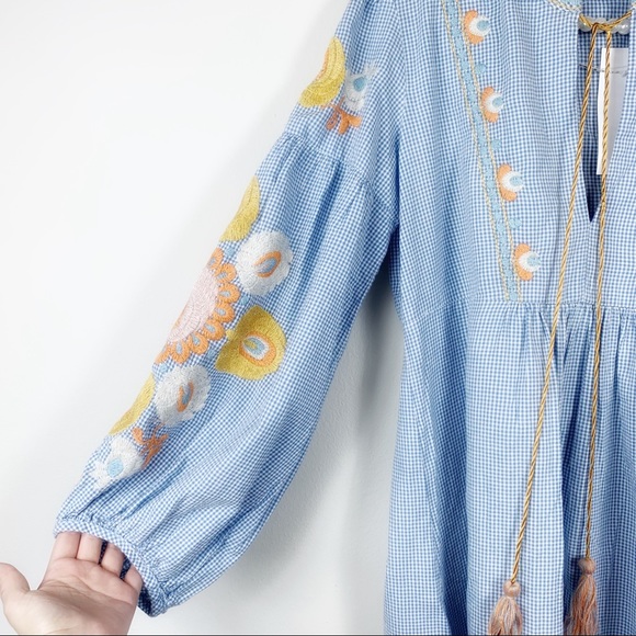 Zara Gingham blue embroidered checkered dress M - Picture 3 of 8